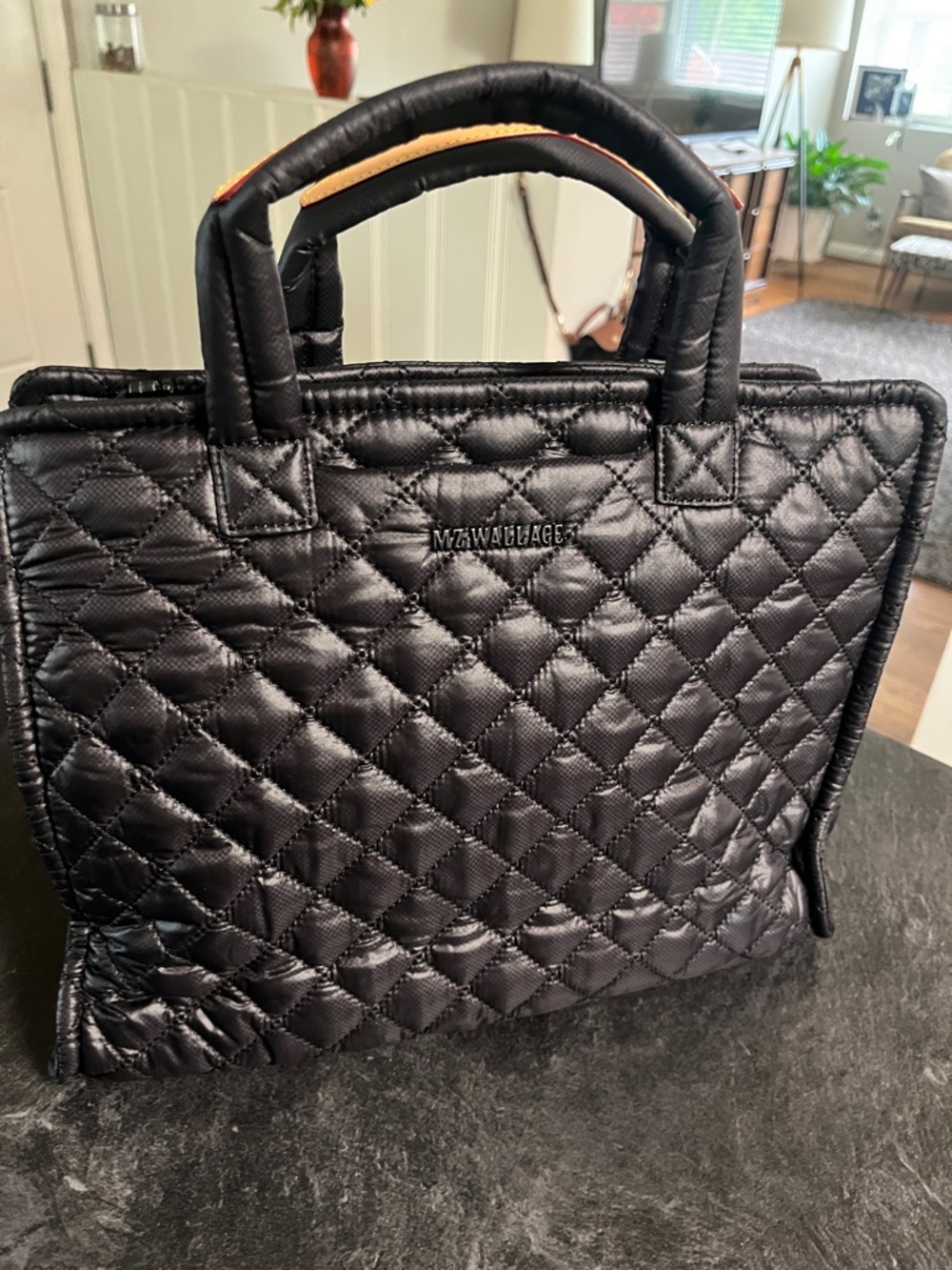 MZ WALLACE Quilted Nylon Tote in Black with Tan Trim